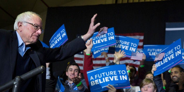 NASHUA, NEW HAMPSHIRE-FEBRUARY 8 :Bernie Sanders makes his entrance at a Get Out the Vote Rally at Daniel Webster Community College, Vagge Gymnasium in Nashua, NH(Photo by Lucian Perkins /for The Washington Post via Getty Images)