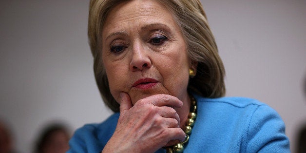 MANCHESTER, NH - FEBRUARY 08: Democratic presidential candidate former Secretary of State Hillary Clinton pauses as she meet