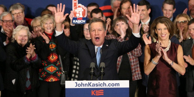 CONCORD, NH - FEBRUARY 09: Republican presidential candidate Ohio Governor John Kasich speaks at a campaign gathering with supporters upon placing second place in the New Hampshire republican primary on February 9, 2016 in Concord, New Hampshire. Kasich lost the Republican primary to Donald Trump, though he upset fellow Republican governors Chris Christie and former Governor Jeb Bush. (Photo by Andrew Burton/Getty Images)