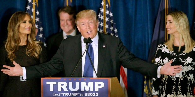 Republican presidential candidate, businessman Donald Trump speaks to supporters during a primary night rally, Tuesday, Feb.