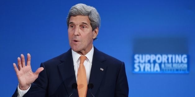 US Secretary of State John Kerry addresses delegates during during a donor conference entitled 'Supporting Syria & The Region' at the QEII centre in central London on February 4, 2016.World leaders gather in London on Thursday to try to raise $9 billion (8.3 billion euros) for the millions of Syrians hit by the country's civil war and a refugee crisis spanning Europe and the Middle East. / AFP / POOL / ANDY RAIN (Photo credit should read ANDY RAIN/AFP/Getty Images)