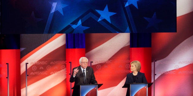 Democratic presidential candidate, Sen. Bernie Sanders, I-Vt, answers a question as Democratic presidential candidate, Hilla