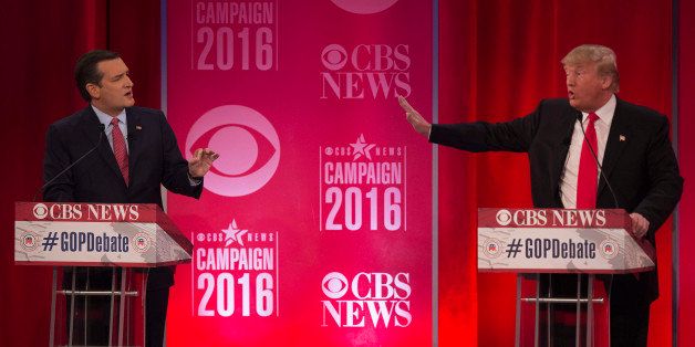 Republican presidential candidates Donald Trump (R) and Ted Cruz (L) argue during the CBS News Republican Presidential Debate in Greenville, South Carolina, February 13, 2016. / AFP / JIM WATSON (Photo credit should read JIM WATSON/AFP/Getty Images)