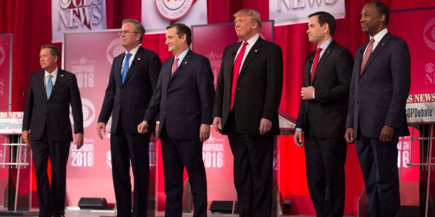 Republican presidential candidates arrive for the CBS News Republican Presidential Debate in Greenville, South Carolina, February 13, 2016. From left are: John Kasich, Jeb Bush, Ted Cruz, Donald Trump, Marco Rubio, and Ben Carson. / AFP / JIM WATSON (Photo credit should read JIM WATSON/AFP/Getty Images)