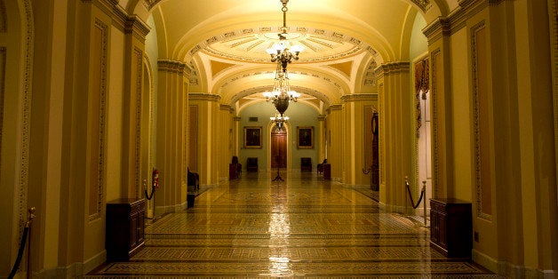 A hallway outside the Senate chamber is empty during the tenth hour of a floor speech by Sen. Ted Cruz, R-Texas, on Wednesday, Sept. 25, 2013 in Washington. Cruz began a lengthy speech urging his colleagues to oppose moving ahead on a bill he supports. The measure would prevent a government shutdown and defund Obamacare. (AP Photo/ Evan Vucci)