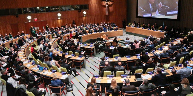 A large video monitor shows former New York mayor Michael Bloomberg, the U.N. Secretary-Generalâs special envoy for cities