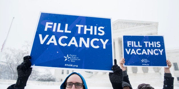 UNITED STATES - FEBRUARY 15: Activists with the People For the American Way hold a demonstration outside of the Supreme Court on Monday, Feb. 15, 2016, calling on Congress to give fair consideration to President Obamas nominee to the Supreme Court. Justice Antonin died over the weekend sparking a partisan battle in Washington to fill the vacancy created on the bench. (Photo By Bill Clark/CQ Roll Call)