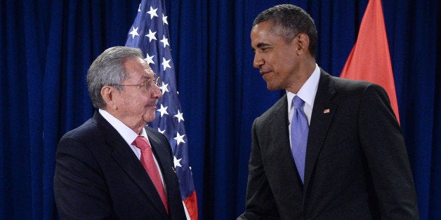 NEW YORK, NY - SEPTEMBER 29: U.S. President Barack Obama (R) and President Raul Castro (L) of Cuba shake hands during a bilateral meeting at the United Nations Headquarters on September 29, 2015 in New York City. Castro and Obama are in New York City to attend the 70th anniversary general assembly meetings. (Photo by Anthony Behar-Pool/Getty Images)