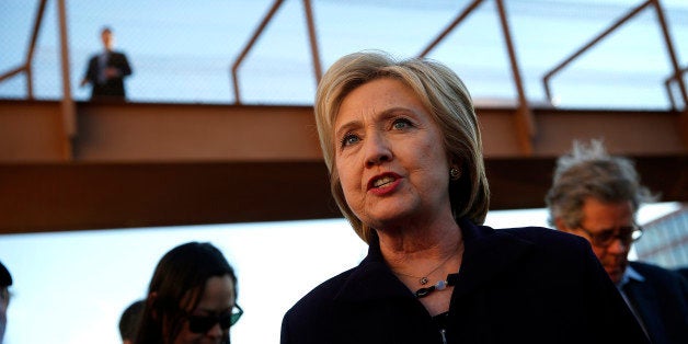 Democratic presidential candidate Hillary Clinton meets with Culinary Union members holding a rally outside of Sunrise Hospital, Thursday, Feb. 18, 2016, in Las Vegas. (AP Photo/John Locher)