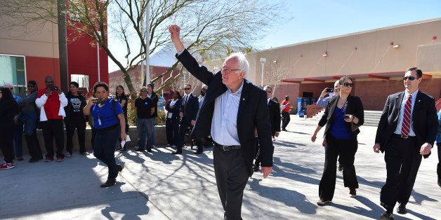LAS VEGAS, NV - FEBRUARY 20: Democratic presidential candidate Bernie Sanders (D-VT) waves to voters after visiting a caucus site at Western High School on February 20, 2016 in Las Vegas, NV. (Photo by Ricky Carioti/ The Washington Post via Getty Images)