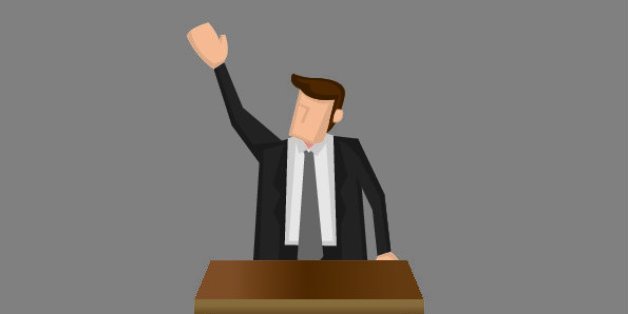 Vector illustration of a man in professional grey suit standing at lectern giving public speech.