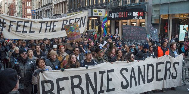 MANHATTAN, NEW YORK, NY, UNITED STATES - 2016/01/30: Demonstrators hold signs and chant in support of Bernie Sanders. Supporters of Democratic Presidential candidate Bernie Sanders rallied in Union Square Park in New York City and marched on Broadway to Zuccotti Park in lower Manhattan. (Photo by Albin Lohr-Jones/Pacific Press/LightRocket via Getty Images)