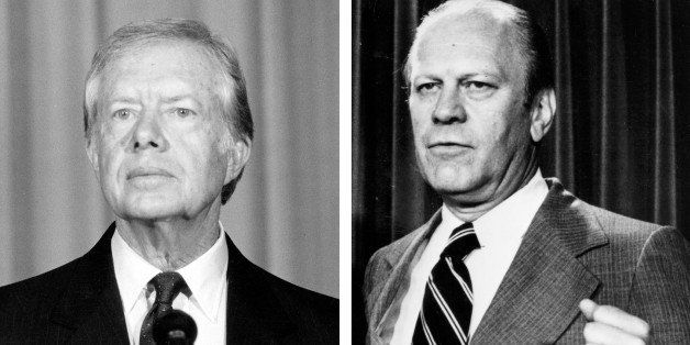 (FILE PHOTO) In this composite image a comparison has been made between former US Presidential Candidates Jimmy Carter (L) and Gerald Ford. In 1976 Jimmy Carter won the presidential election to become the President of the United States. ***LEFT IMAGE*** 1986: Former US President Jimmy Carter appears on February 1986, in London. (Photo by Keystone/Getty Images) ***RIGHT IMAGE*** 1974: American President Gerald Ford, stands on August 22, 1974. (Photo by Keystone/Getty Images)