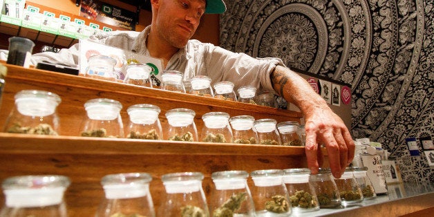 Shane Cavanaugh, owner of Amazon Organics, a pot dispensary in Eugene, Ore., arranges the cannabis display in his store on Monday, Sept. 28, 2015. Medical marijuana dispensaries in Oregon will be able to sell recreational marijuana starting Thursday. (AP Photo/Ryan Kang)