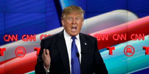 Republican presidential candidate, businessman Donald Trump speaks during a Republican presidential primary debate at The University of Houston, Thursday, Feb. 25, 2016, in Houston. (AP Photo/David J. Phillip)