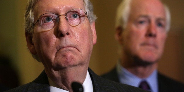 WASHINGTON, DC - JANUARY 20: U.S. Senate Majority Leader Mitch McConnell (R-KY) (L) and Senate Majority Whip John Cornyn (R-TX) (R) speak to members of the media after the Republican weekly policy luncheon January 20, 2016 on Capitol Hill in Washington, DC. Senate GOPs held its weekly luncheon meeting to discuss Republican agenda. (Photo by Alex Wong/Getty Images)