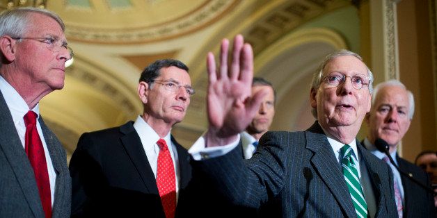 UNITED STATES - FEBRUARY 09: From left, Sens. Roger Wicker, R-Miss., John Barrasso, R-Wyo., John Thune, R-S.D., Senate Majority Leader Mitch McConnell, R-Ky., and Majority Whip John Cornyn, R-Texas, conduct a news conference after the Senate Policy luncheons in the Capitol, February 09, 2016. (Photo By Tom Williams/CQ Roll Call)