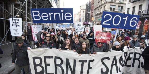 MANHATTAN, NEW YORK CITY, UNITED STATES - 2016/02/27: Hundreds of New Yorkers gathered in Union Square Park to rally and march to Zuccotti Park on behalf of Democratic presidential candidate Bernie Sanders which emphasized the needs and aspirations of female voters. (Photo by Andy Katz/Pacific Press/LightRocket via Getty Images)