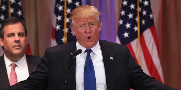 PALM BEACH, FL - MARCH 01: Republican Presidential frontrunner Donald Trump speaks to the media at his Mar-A-Lago Club on Super Tuesday, March 1, 2016 in Palm Beach, Florida. Trump held a press conference, flanked by New Jersey Governor Chris Christie, after the polls closed in a dozen states nationwide. (Photo by John Moore/Getty Images)