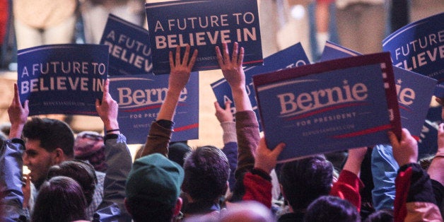 PORTLAND, ME - MARCH 2: Bernie Sanders supporters cheer after the candidate speaks about student loan debt at the State Theater in Portland, ME on Wednesday, March 2, 2016. (Photo by Whitney Hayward/Portland Press Herald via Getty Images)