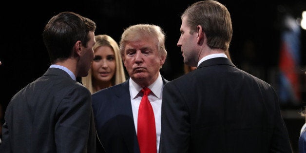 Republican U.S. presidential nominee Donald Trump (C) is greeted by (L-R) his son-in-law Jared Kushner, daughter Ivanka and son Eric after the conclusion of the third and final debate with Democratic U.S. presidential nominee Hillary Clinton at UNLV in Las Vegas, Nevada, U.S., October 19, 2016. REUTERS/Joe Raedle/Pool