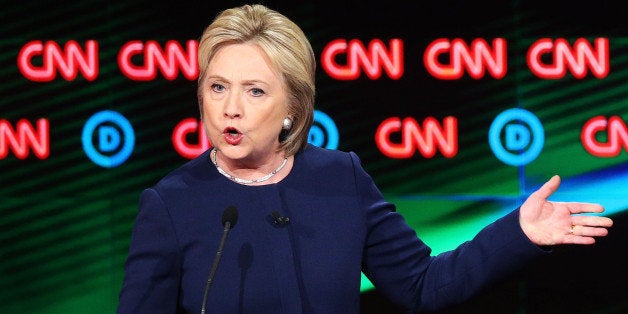 FLINT, MI - MARCH 06: Democratic presidential candidate Hillary Clinton speaks during the CNN Democratic Presidential Primary Debate with candidate Senator Bernie Sanders (D-VT) at the Whiting Auditorium at the Cultural Center Campus on March 6, 2016 in Flint, Michigan. Voters in Michigan will go to the polls March 8 for the state's primary. (Photo by Scott Olson/Getty Images)