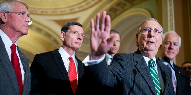 UNITED STATES - FEBRUARY 09: From left, Sens. Roger Wicker, R-Miss., John Barrasso, R-Wyo., John Thune, R-S.D., Senate Majority Leader Mitch McConnell, R-Ky., and Majority Whip John Cornyn, R-Texas, conduct a news conference after the Senate Policy luncheons in the Capitol, February 09, 2016. (Photo By Tom Williams/CQ Roll Call)