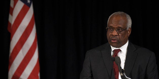 Supreme Court Justice Clarence Thomas speaks at the memorial service for Supreme Court Justice Antonin Scalia, Tuesday, March 1, 2016, at the Mayflower Hotel in Washington. (AP Photo/Susan Walsh, Pool)