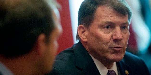 Senator Mike Rounds, a Republican from South Dakota, speaks during an interview with Senate Majority Leader Mitch McConnell,