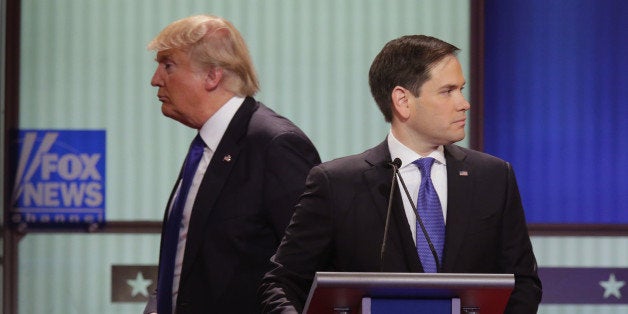 DETROIT, MI - MARCH 03: Republican presidential candidates (Lto R) Donald Trump and Sen. Marco Rubio (R-FL) participate in a debate sponsored by Fox News at the Fox Theatre on March 3, 2016 in Detroit, Michigan. Voters in Michigan will go to the polls March 8 for the State's primary. (Photo by Chip Somodevilla/Getty Images)