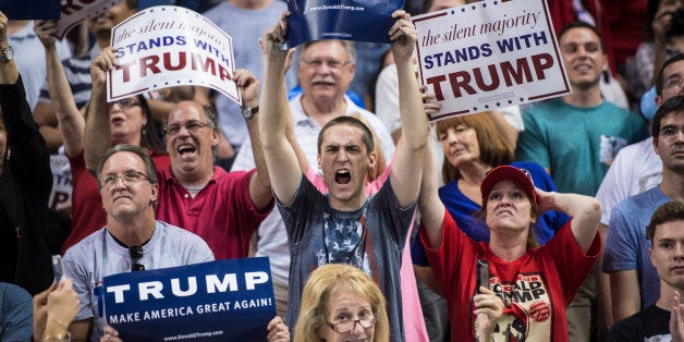 ORLANDO, FL - MARCH 5: Supporters cheer as republican presidential candidate Donald Trump speaks during a campaign event at the CFE Federal Credit Union Arena in Orlando, FL on Saturday March 05, 2016. (Photo by Jabin Botsford/The Washington Post via Getty Images)