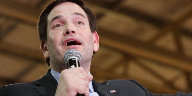 MIAMI, FL - MARCH 01: Republican presidential candidate Sen. Marco Rubio (R-FL) greets the crowd during a rally at Ronald R