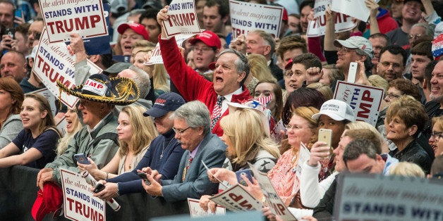 CONCORD, NC - MARCH 7: Donald Trump supporters cheer on the Republican presidential candidate before a campaign rally March 7, 2016 in Concord, North Carolina. The North Carolina Republican presidential primary will be held March 15. (Photo by Sean Rayford/Getty Images)