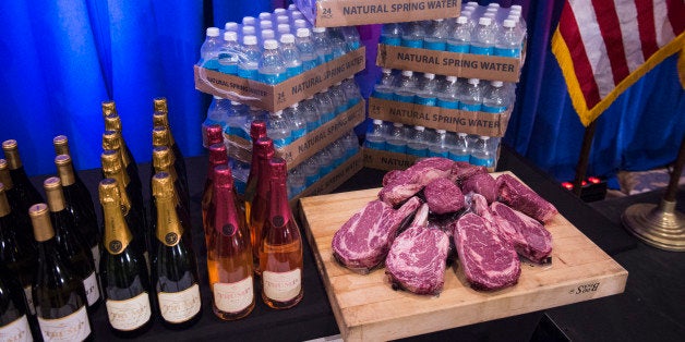 JUPITER, FL - MARCH 8: A display including Trump branded wine, champaign, water and steaks is seen before republican presiden