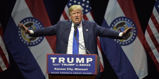 Republican presidential candidate Donald Trump speaks during a rally at the Arvest Bank Theater in Kansas City, Mo., on Satur