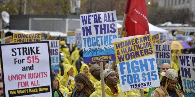 NEW YORK CITY, Nov. 10, 2015-- People attend the strike in support of a $15-per-hour minimum wage in New York City, the Unite