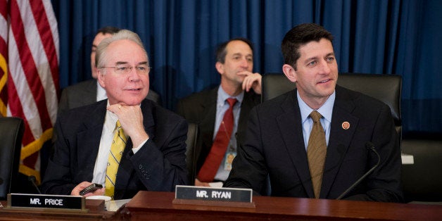 UNITED STATES - APRIL 16: Rep. Paul Ryan, R-Wisc., right, Chairman of the House Budget Committee, and Rep. Tom Price, R-Ga., prepare for a hearing in Cannon Building titled 'The President's FY2014 Revenue and Economic Policy Proposals,' featuring testimony by Treasury Secretary Jack Lew. (Photo By Tom Williams/CQ Roll Call)