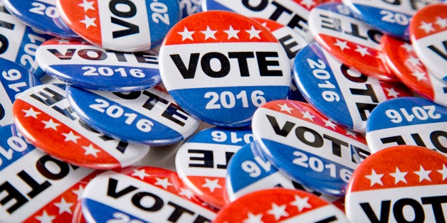 Get out the vote in 2016 with a stock photo of electioneering campaign vote buttons.