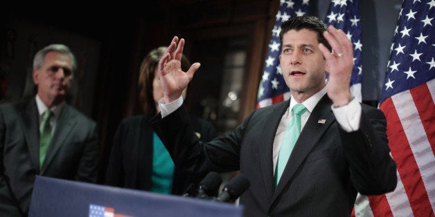 WASHINGTON, DC - MARCH 15: Speaker of the House Paul Ryan (R-WI) (R) talks to reporters following the weekly House Republican conference meeting at the GOP headquarters on Capitol Hill March 15, 2016 in Washington, DC. Ryan confirmed that the House Republicans are consulting with Republican candidates about their plans, including front-runner Donald Trump. (Photo by Chip Somodevilla/Getty Images)