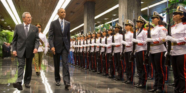 President Barack Obama with Cuban President Raul Castro during a welcoming ceremony at the Palace of the Revolution, Monday, March 21, 2016, in Havana, Cuba. (AP Photo/Pablo Martinez Monsivais)