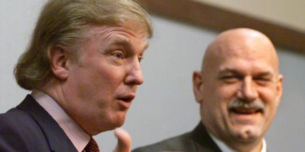 FILE - In this Jan. 7, 2007, file photo, potential Reform Party presidential candidate Donald Trump, left, speaks at a news conference in Minneapolis with Gov. Jesse Ventura. Well before Donald Trump was leading the race for the 2016 Republican presidential nomination, there was Ventura, the former professional wrestler, radio talk show host and suburban mayor who, in his own election-night words, âshocked the worldâ with his improbable 1998 victory. (AP Photo/Richard Drew, File)