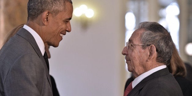 Cuban President Raul Castro (R) receives US President Barack Obama at the Gran Teatro of Havana where US President Barack Obama will deliver a speech in Havana, Cuba on March 22, 2016. AFP PHOTO/ Yuri CORTEZ / AFP / YURI CORTEZ (Photo credit should read YURI CORTEZ/AFP/Getty Images)