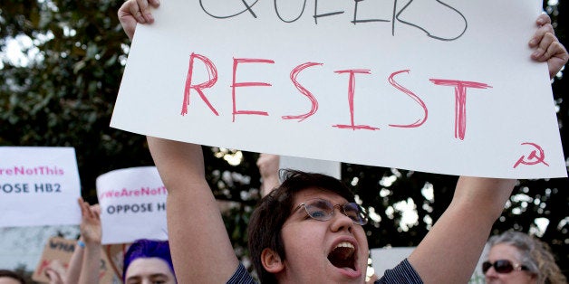 Duke University student Sydney Roberts shouts during a protest against House Bill 2 on Thursday, March 24, 2016, outside of the Governor's Mansion on North Blount Street in downtown Raleigh, N.C. (Jill Knight/Raleigh News & Observer/TNS via Getty Images)