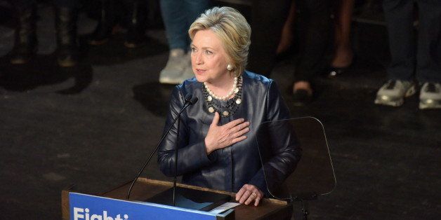 MANHATTAN, NEW YORK CITY, UNITED STATES - 2016/03/30: Candidate places hand over heart while on stage. Democratic primary front runner Hillary Clinton appeared before hundreds of supporters in Harlem's Apollo Theater to hear her address issues such as income inequality & gun control. (Photo by Andy Katz/Pacific Press/LightRocket via Getty Images)