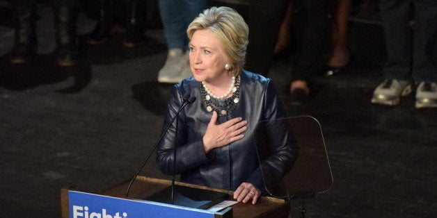 MANHATTAN, NEW YORK CITY, UNITED STATES - 2016/03/30: Candidate places hand over heart while on stage. Democratic primary front runner Hillary Clinton appeared before hundreds of supporters in Harlem's Apollo Theater to hear her address issues such as income inequality & gun control. (Photo by Andy Katz/Pacific Press/LightRocket via Getty Images)