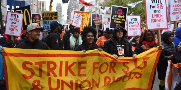 BROOKLYN, NEW YORK CITY, UNITED STATES - 2015/11/10: Activists march from Cadman Plaza along Court Street. Fight for Fifteen's national day of action began with a walk-out of fast food employees and a rally in downtown Brooklyn where mayor de Blasio and other leaders spoke. (Photo by Andy Katz/Pacific Press/LightRocket via Getty Images)