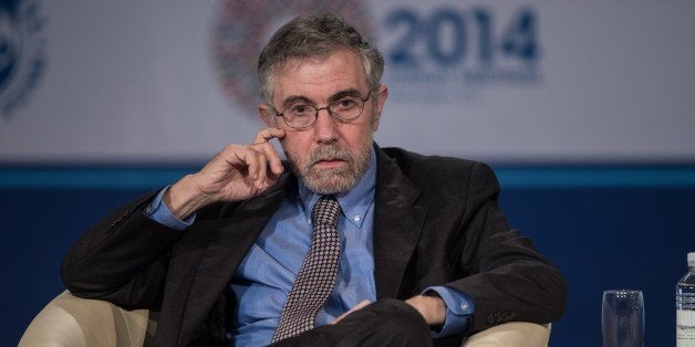 Nobel Prize-winning economist Paul Krugman attends a talk on the Challenges of Job-Rich and Inclusive Growth - Session 2: Public debt, public investment, and growth at George Washington University in Washington on October 8, 2014 at the start of the annual IMF/World Bank meetings. AFP PHOTO/Nicholas KAMM (Photo credit should read NICHOLAS KAMM/AFP/Getty Images)