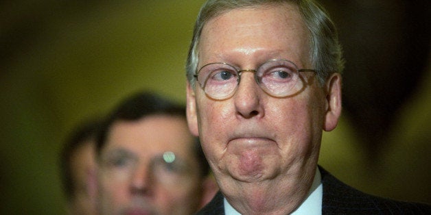 WASHINGTON, DC - MARCH 6: Minority Leader Mitch McConnell (R-KY) speaks as Senate Republican leadership hold a press conference after their weekly policy luncheon in the U.S. Capitol building March 6, 2012 in Washington, DC. McConnell advocated military force against Iran if the country were to develop nuclear weapons. (Photo by Allison Shelley/Getty Images)