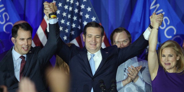 MILWAUKEE, WISCONSIN - APRIL 05: Republican presidential candidate Sen. Ted Cruz (R-TX) celebrates with his wife Heidi and Wisconsin Gov. Scott Walker at the American Serb Hall Banquet Center after the polls closed on April 5, 2016 in Milwaukee, Wisconsin. Wisconsin (Photo by Scott Olson/Getty Images)