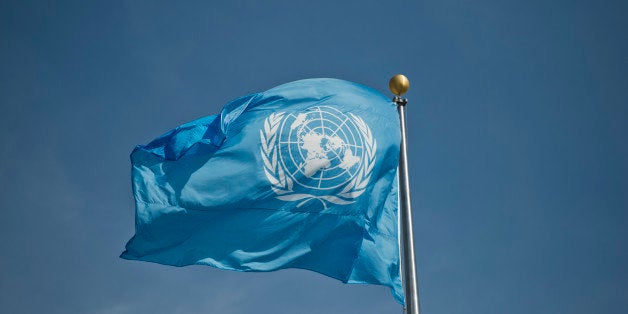 New York, United States - September 25: The logo of United Nations ( UN ) at a flag at UN-headquarters on September 25, 2015